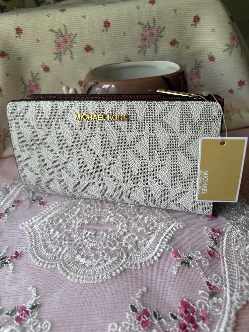 Michael Kors Cream & Brown Signature MK Zip Around Wallet